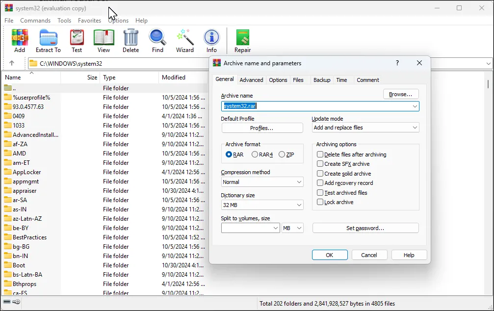 Hộp thoại nén tệp của ứng dụng WinRAR trên Windows 11