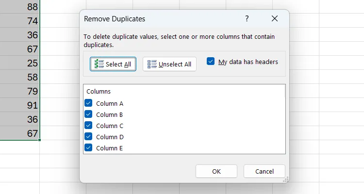 Hộp thoại Remove Duplicates trong Excel, cho phép người dùng chọn các cột để xác định và loại bỏ dữ liệu trùng lặp.