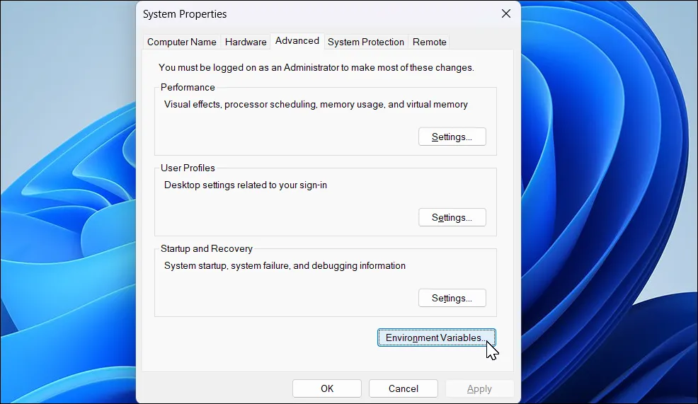 Hộp thoại System Properties trong Windows 11 để truy cập Environment Variables