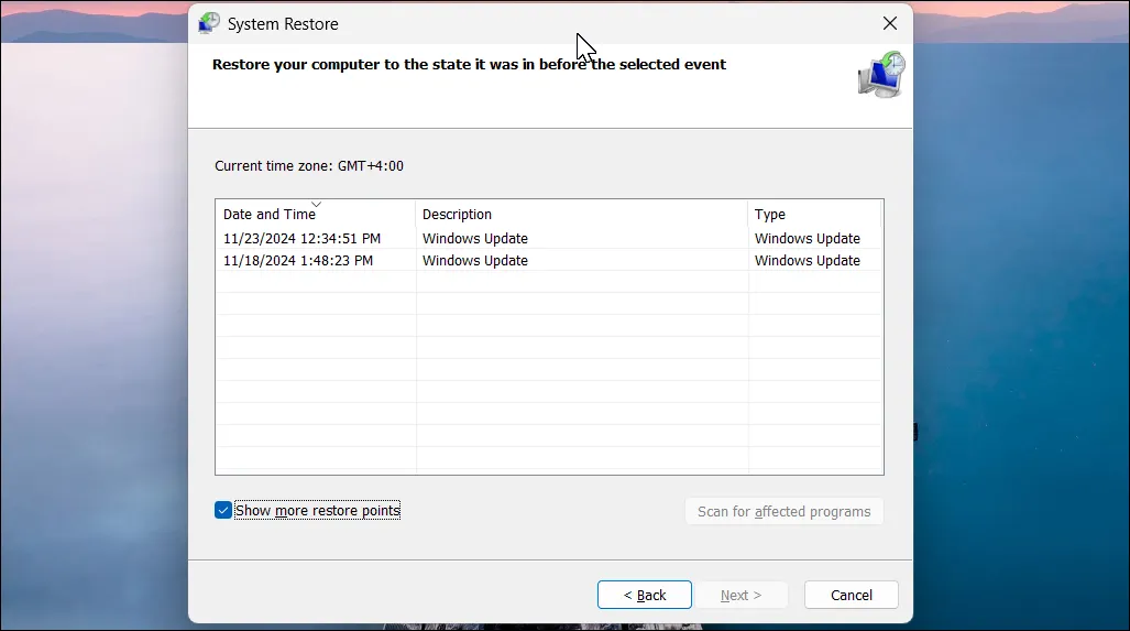 Hộp thoại System Restore trong Windows 11 hiển thị các điểm khôi phục khả dụng