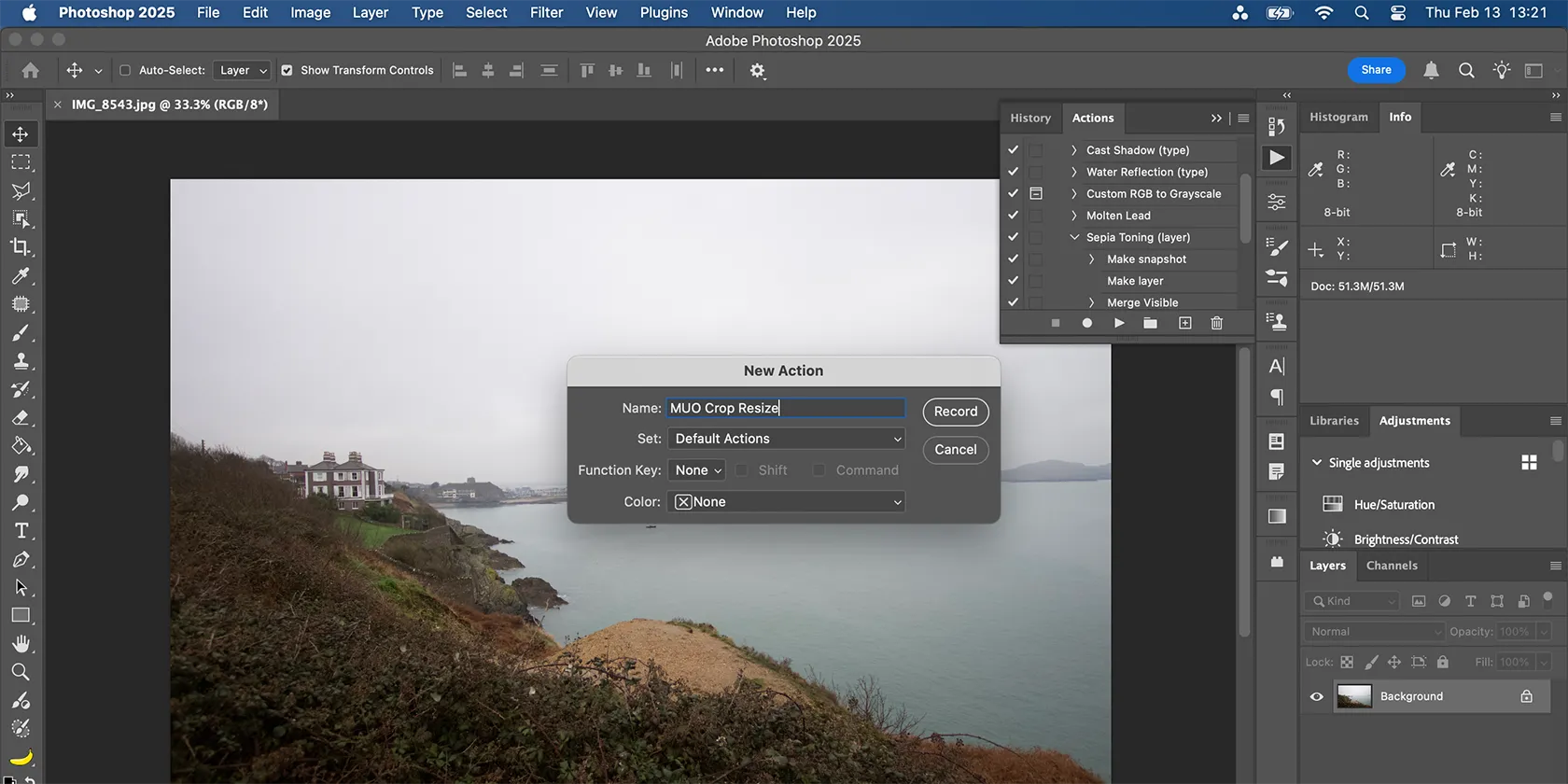 Hộp thoại tạo Action Photoshop mới