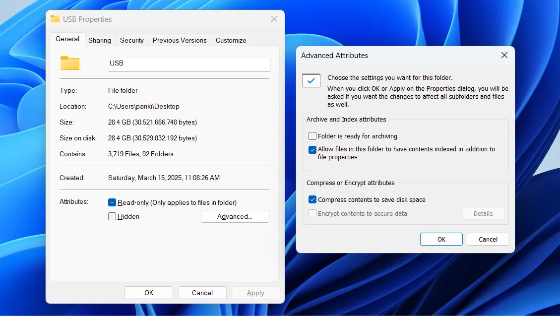 Hộp thoại thuộc tính thư mục hiển thị tùy chọn nén tệp trong Windows 11