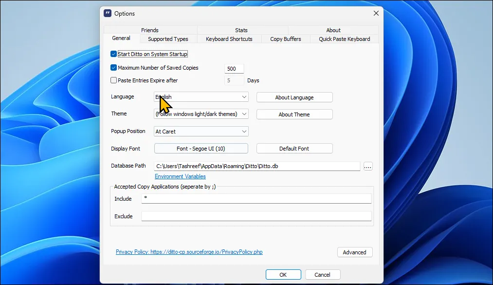 Hộp thoại tùy chọn của Ditto Clipboard Manager trên Windows 11, quản lý lịch sử sao chép.