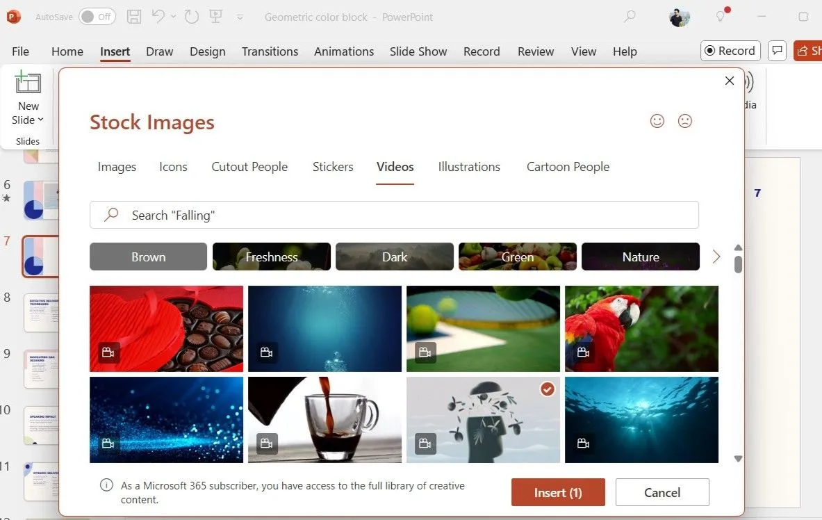Hộp thoại Video Stock trong PowerPoint hiển thị các video có sẵn từ thư viện nội dung Microsoft 365.