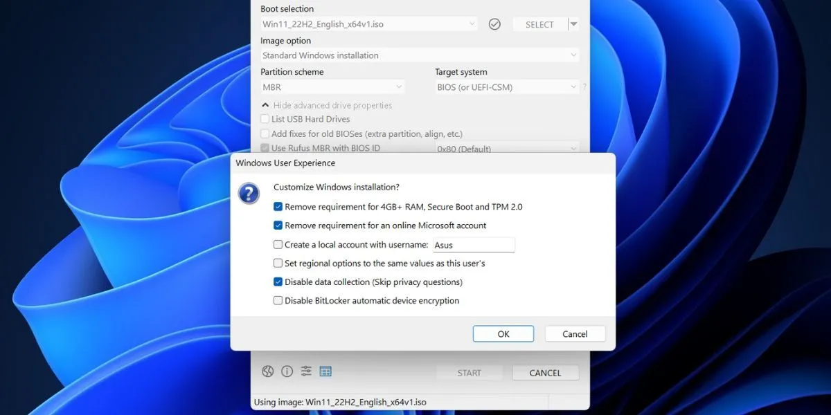 Hộp thoại Windows User Experience trong Rufus, cho phép loại bỏ yêu cầu TPM 2.0, Secure Boot, RAM và tài khoản Microsoft khi cài Windows 11.