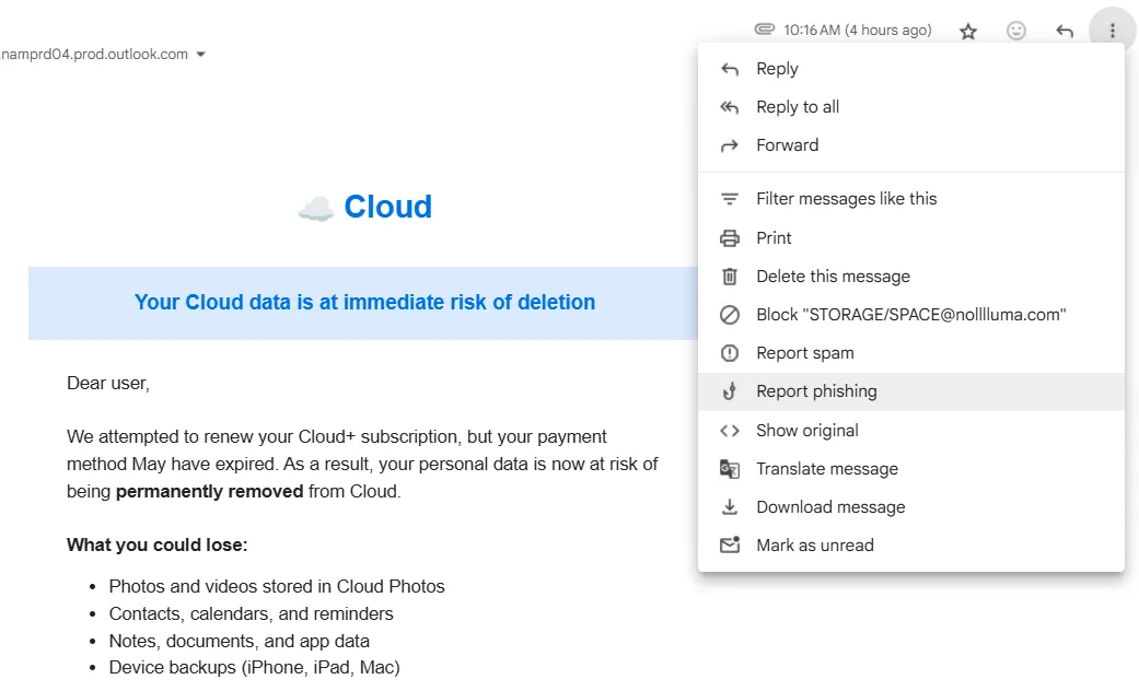 Hướng dẫn báo cáo email lừa đảo trong Gmail bằng cách chọn &quot;Report phishing&quot; từ menu ba chấm