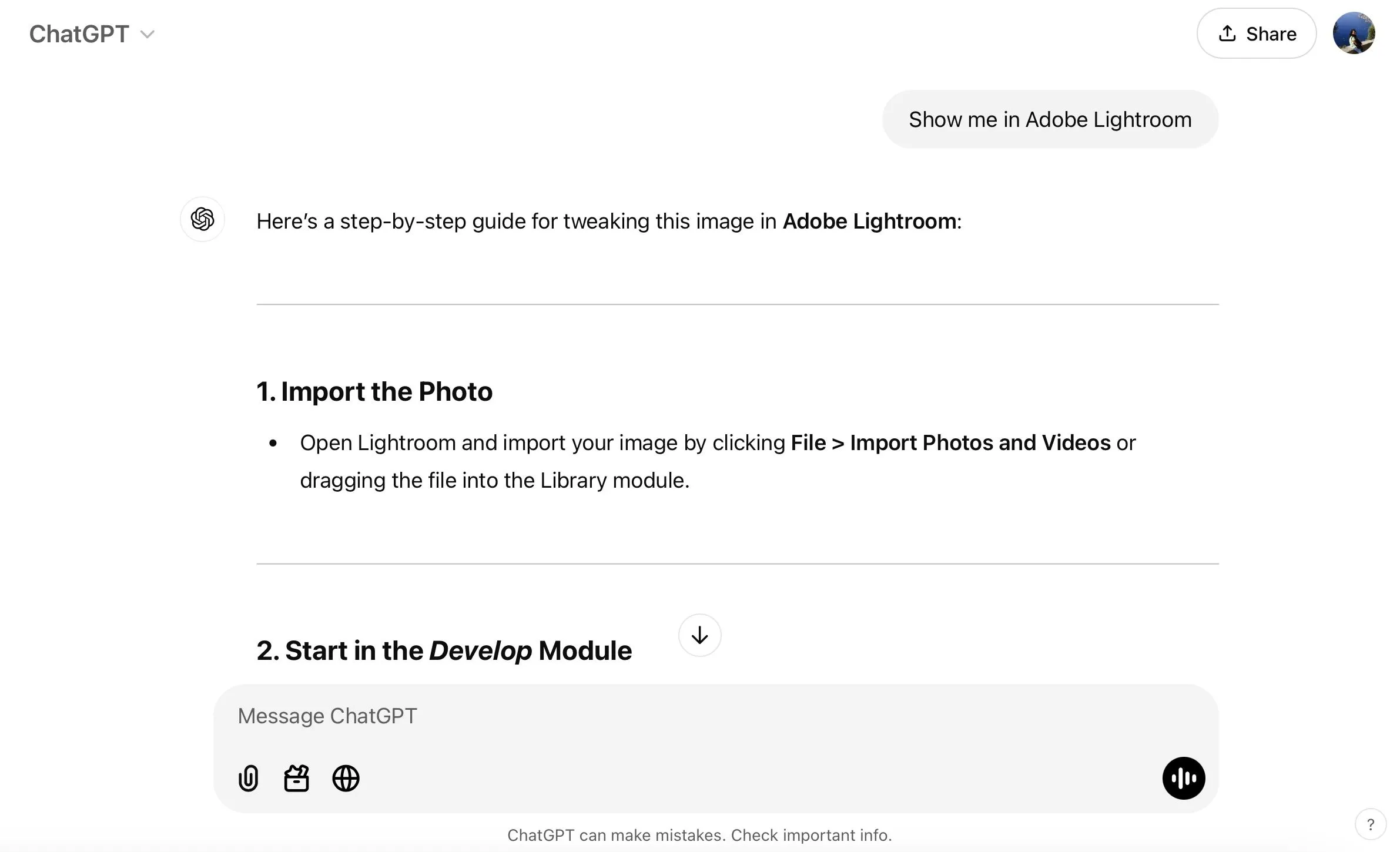 Hướng dẫn chỉnh sửa ảnh từng bước trong Adobe Lightroom theo gợi ý của ChatGPT.