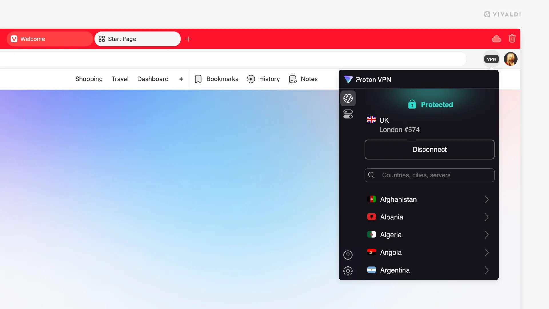 Hướng dẫn kết nối Proton VPN trực tiếp trong trình duyệt Vivaldi, hiển thị các bước chọn và kích hoạt VPN.