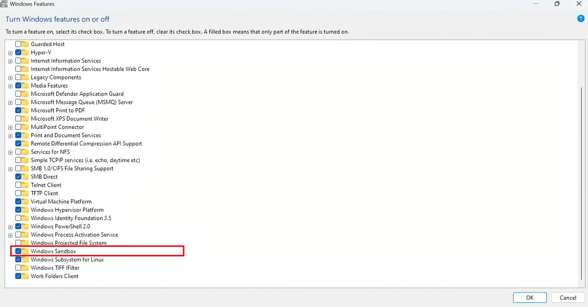 Hướng dẫn kích hoạt tính năng Windows Sandbox trong cửa sổ "Turn Windows features on or off"