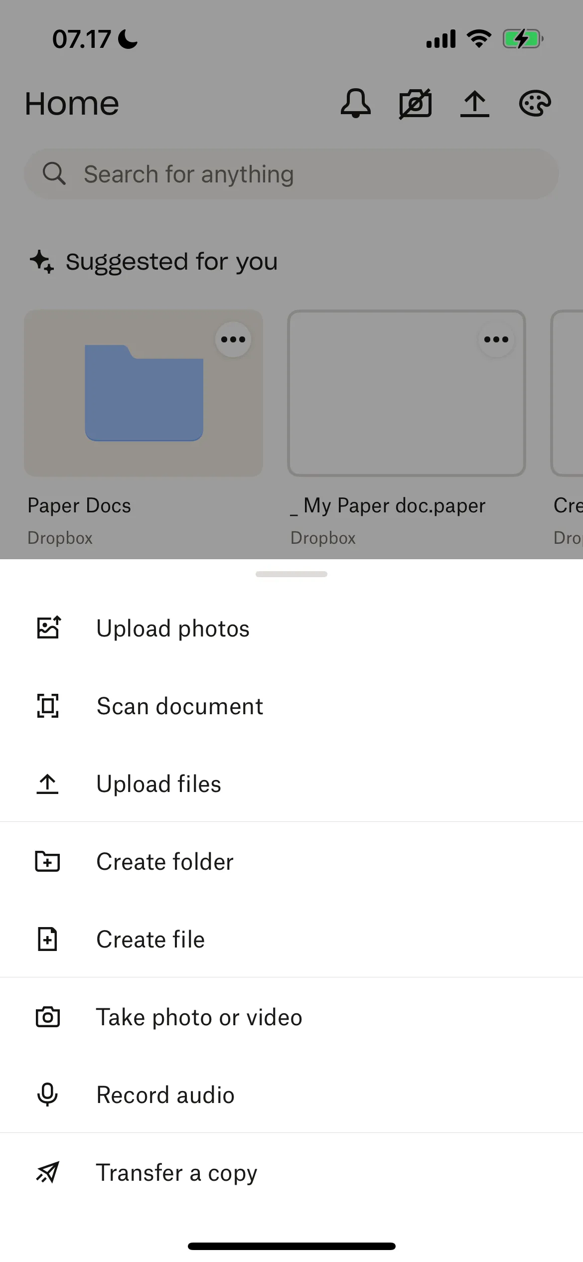Hướng dẫn tạo file Paper mới trong ứng dụng Dropbox bằng cách chọn 'Create file'