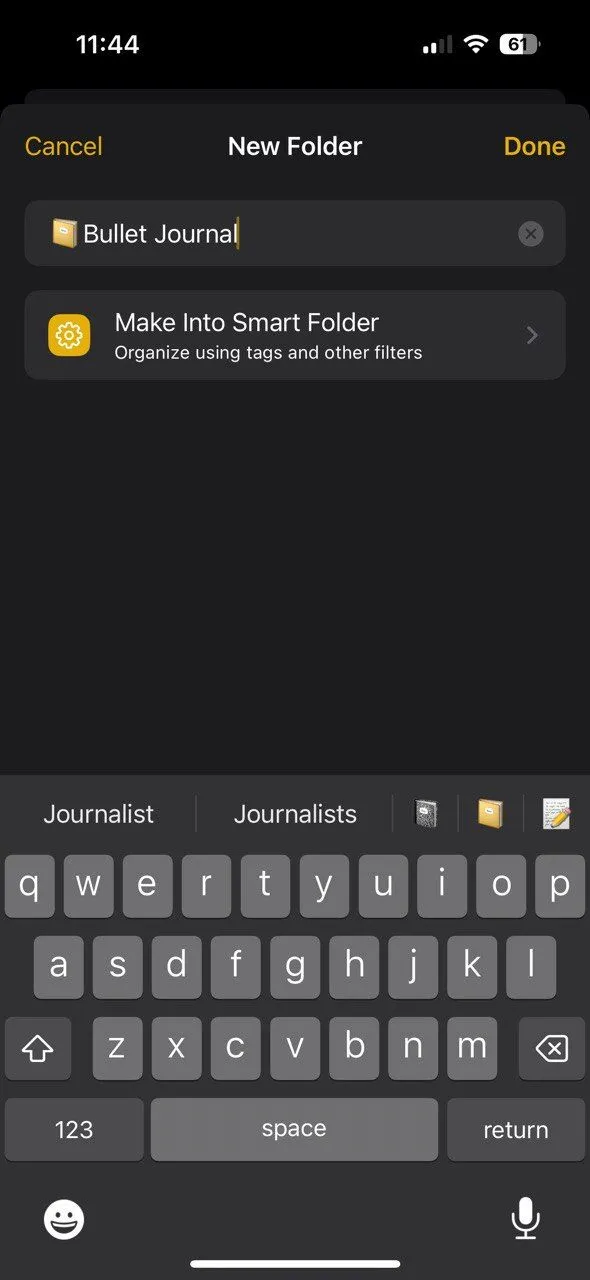 Hướng dẫn tạo thư mục 'Bullet Journal' mới trong ứng dụng Apple Notes.