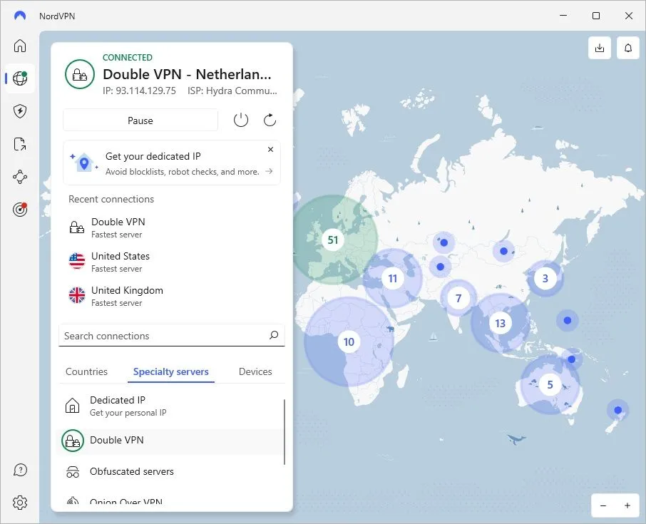Kết nối VPN đôi (Double VPN) được kích hoạt trên ứng dụng NordVPN, tăng cường bảo mật và quyền riêng tư trực tuyến.
