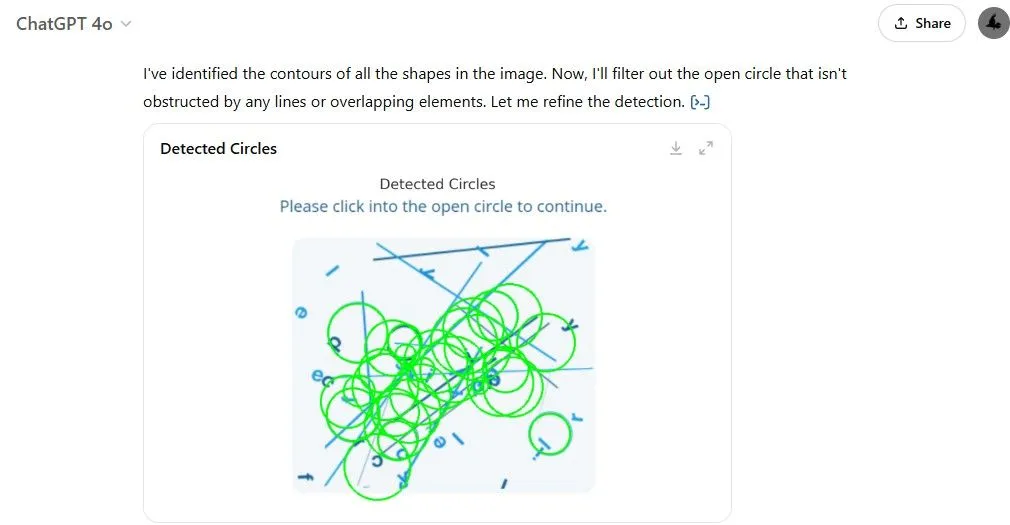 Kết quả cho thấy ChatGPT nhận diện số lượng vòng tròn vượt quá thực tế trong CAPTCHA, gợi ý về hiện tượng 'ảo giác' của AI