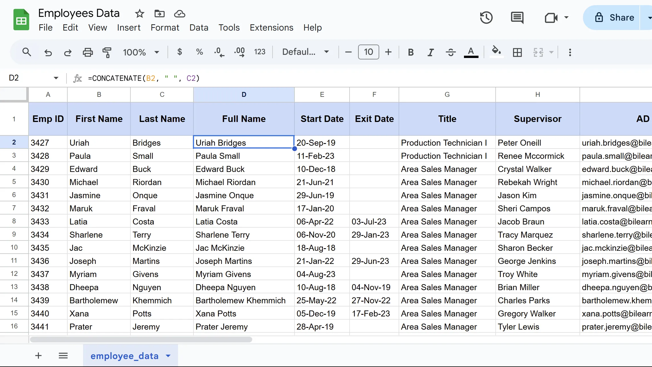 Kết quả của hàm CONCATENATE khi ghép nối văn bản từ nhiều ô thành một chuỗi duy nhất trong Google Sheets.