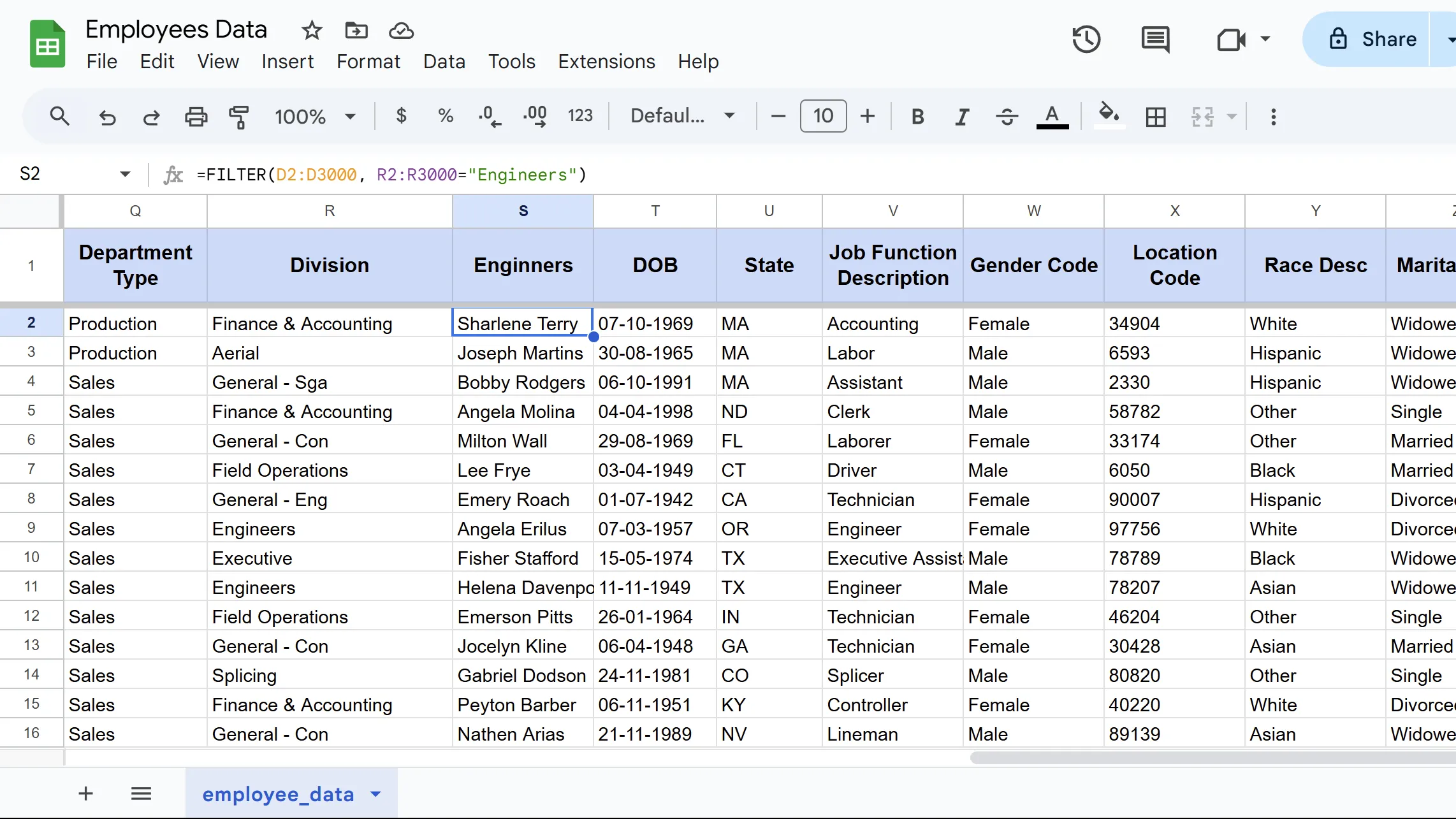 Kết quả của hàm FILTER khi trích xuất các hàng dữ liệu cụ thể dựa trên điều kiện trong Google Sheets.