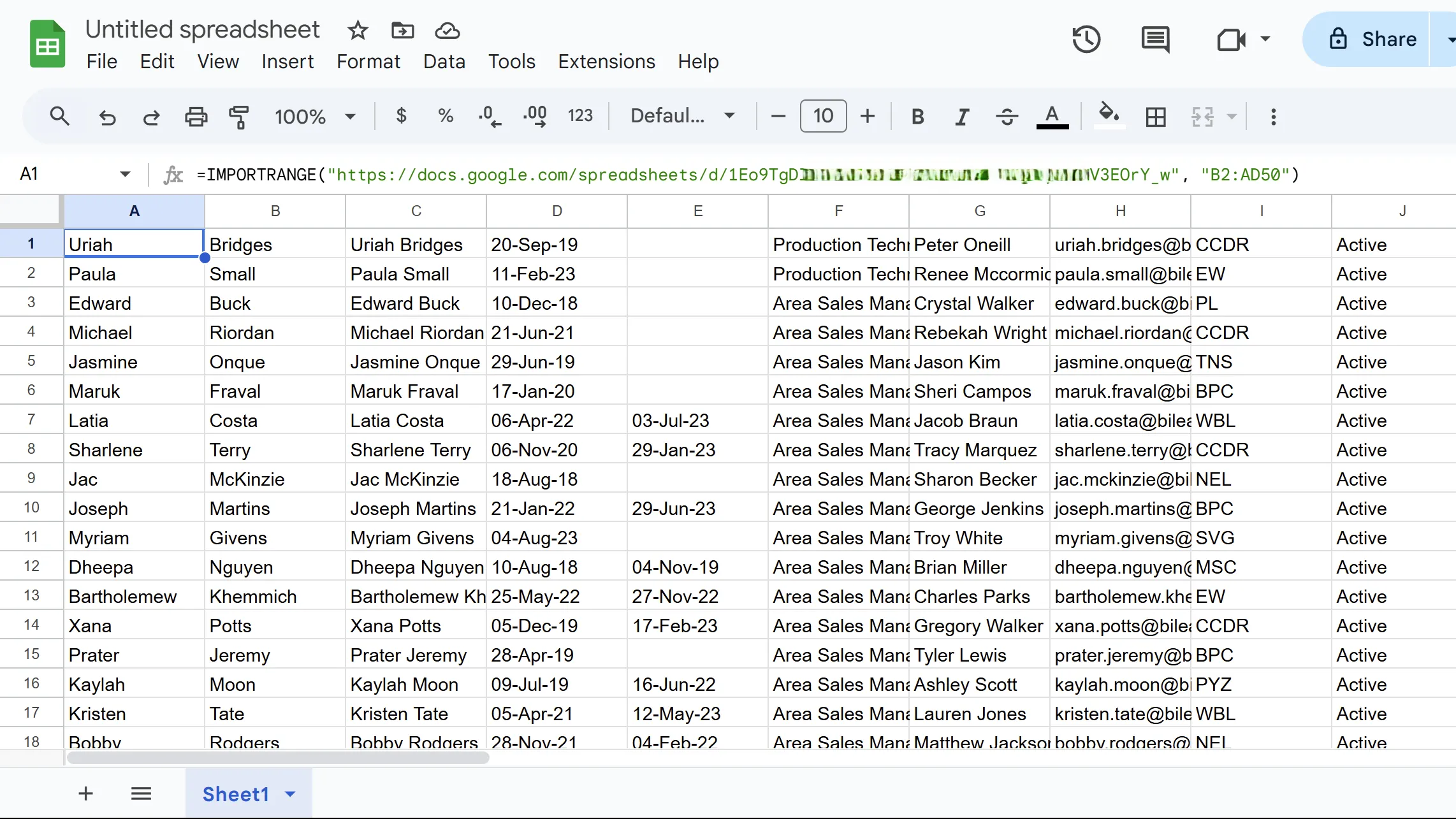 Kết quả của hàm IMPORTRANGE khi nhập trực tiếp dữ liệu từ một tệp Google Sheets khác.