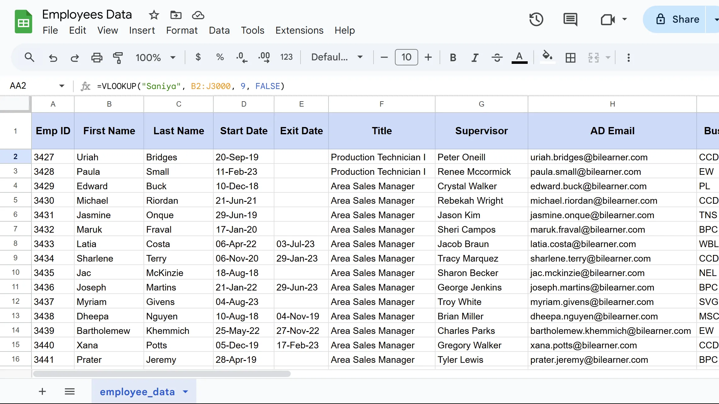 Kết quả của hàm VLOOKUP hiển thị trong Google Sheets, minh họa cách tìm kiếm và trả về dữ liệu chính xác.