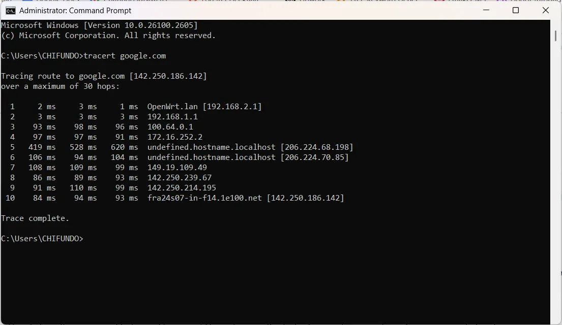 kết quả của lệnh tracert sau khi chạy trên Google trong Windows