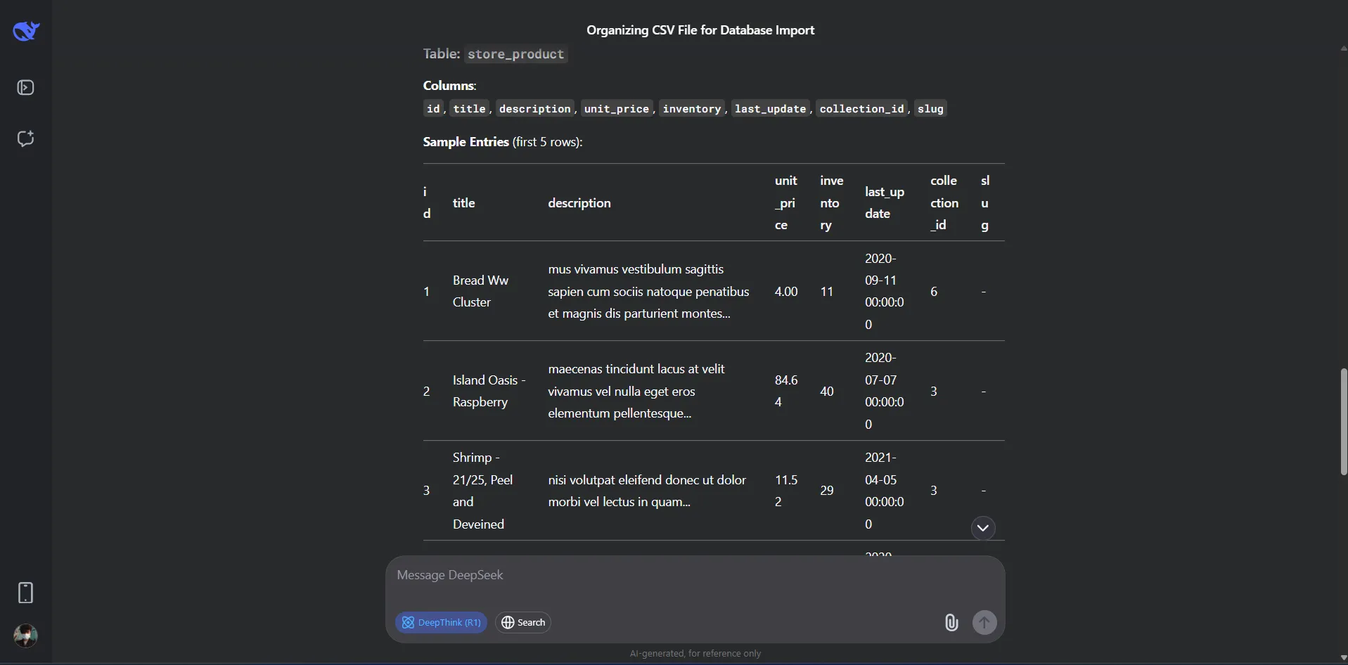 Kết quả đầu ra từ DeepSeek sau khi xử lý dữ liệu có cấu trúc, hiển thị dữ liệu được định dạng lại thành bảng rõ ràng, tối ưu hóa cho phân tích và sử dụng.
