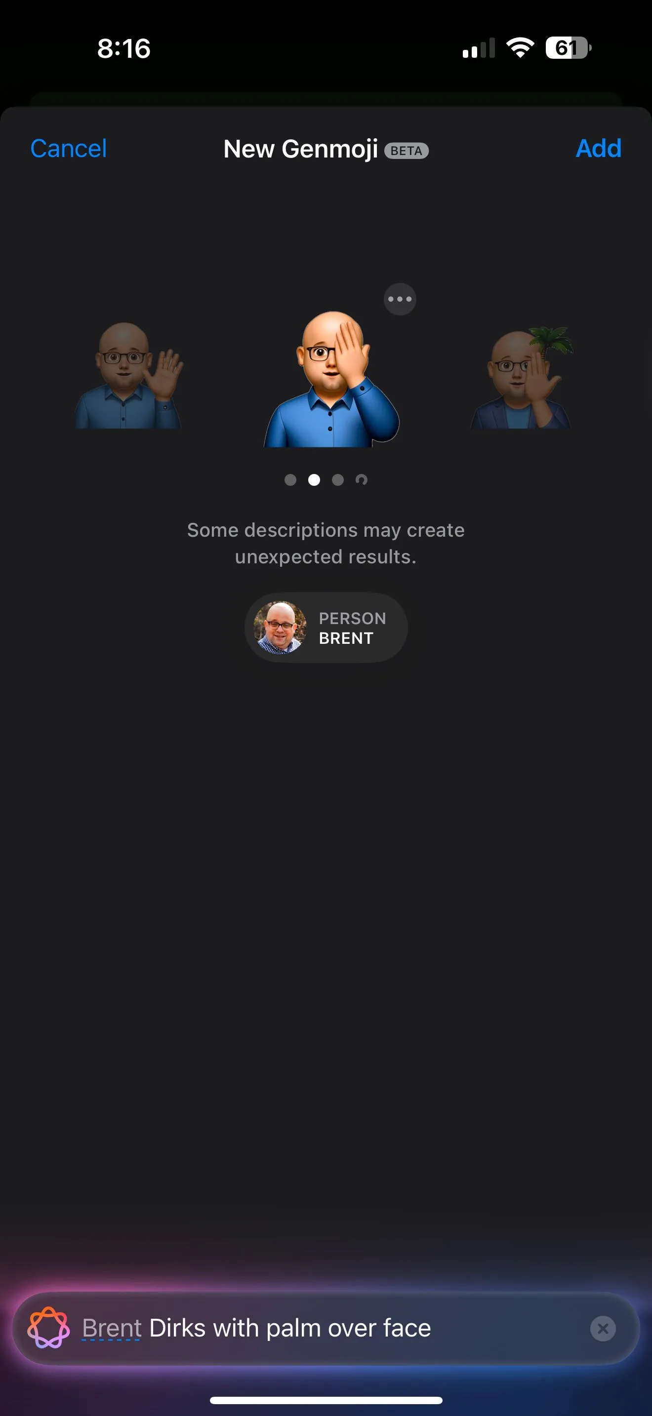 Kết quả Genmoji độc đáo với biểu cảm &quot;facepalm&quot;
