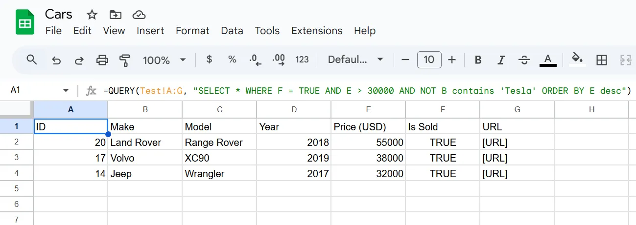 Kết quả hàm QUERY với nhiều mệnh đề trên một tab Google Sheets trống