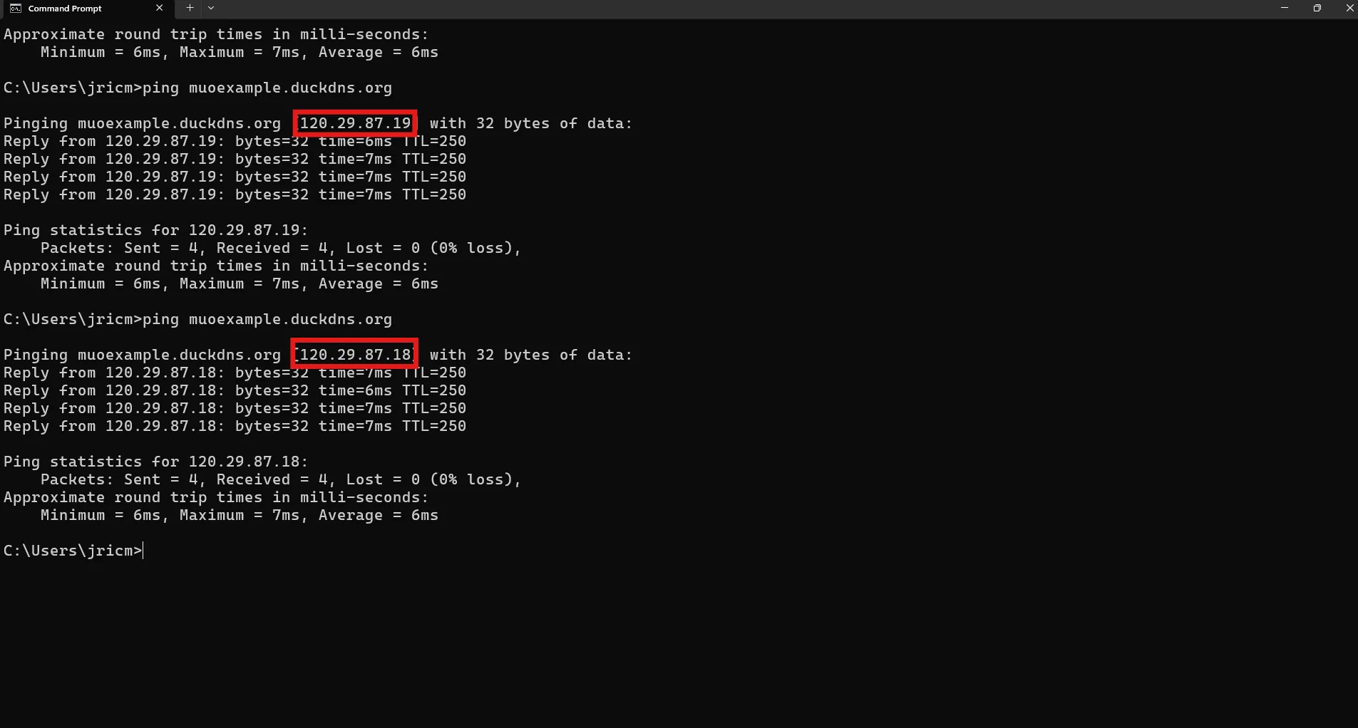 Kết quả kiểm tra cho thấy Dynamic DNS (DDNS) với DuckDNS đang hoạt động thành công sau khi đổi IP