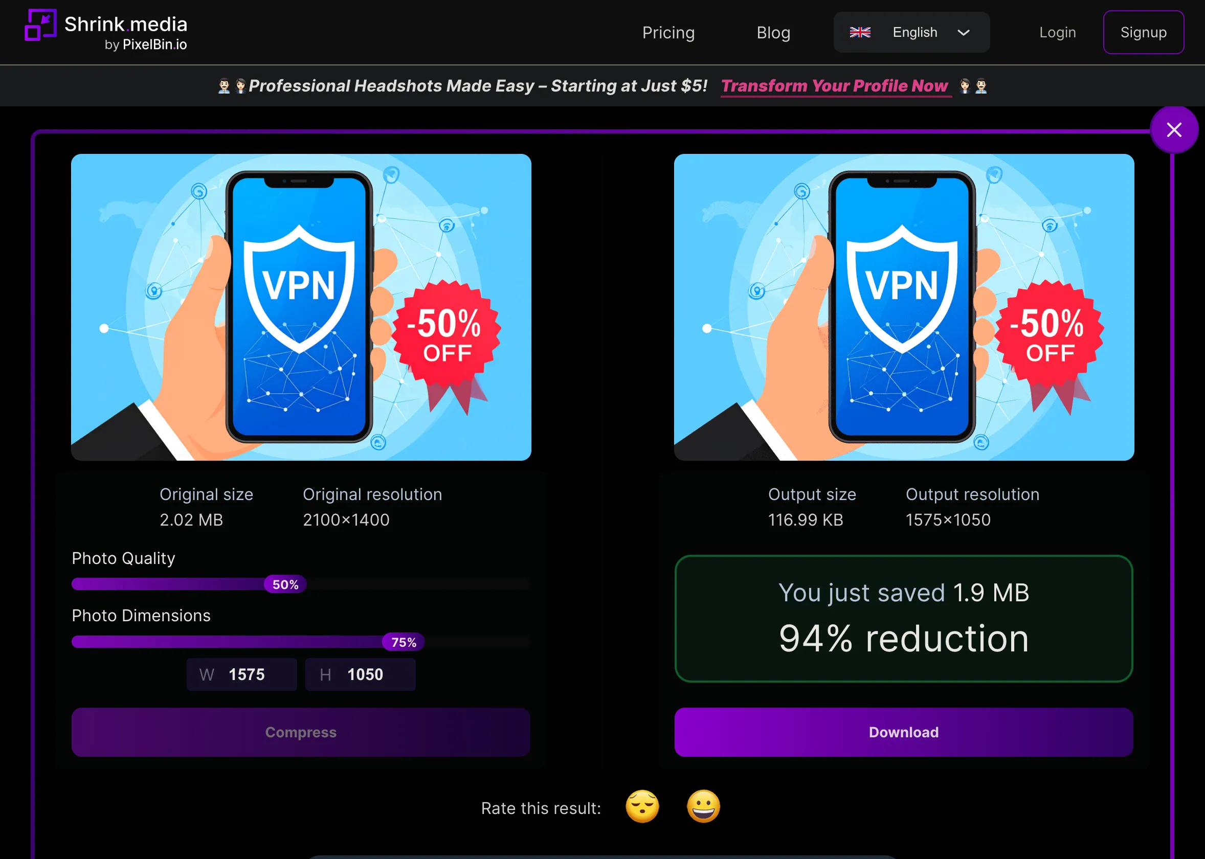 Kết quả nén hình ảnh trên công cụ Shrink.media cho thấy tỷ lệ giảm dung lượng cao