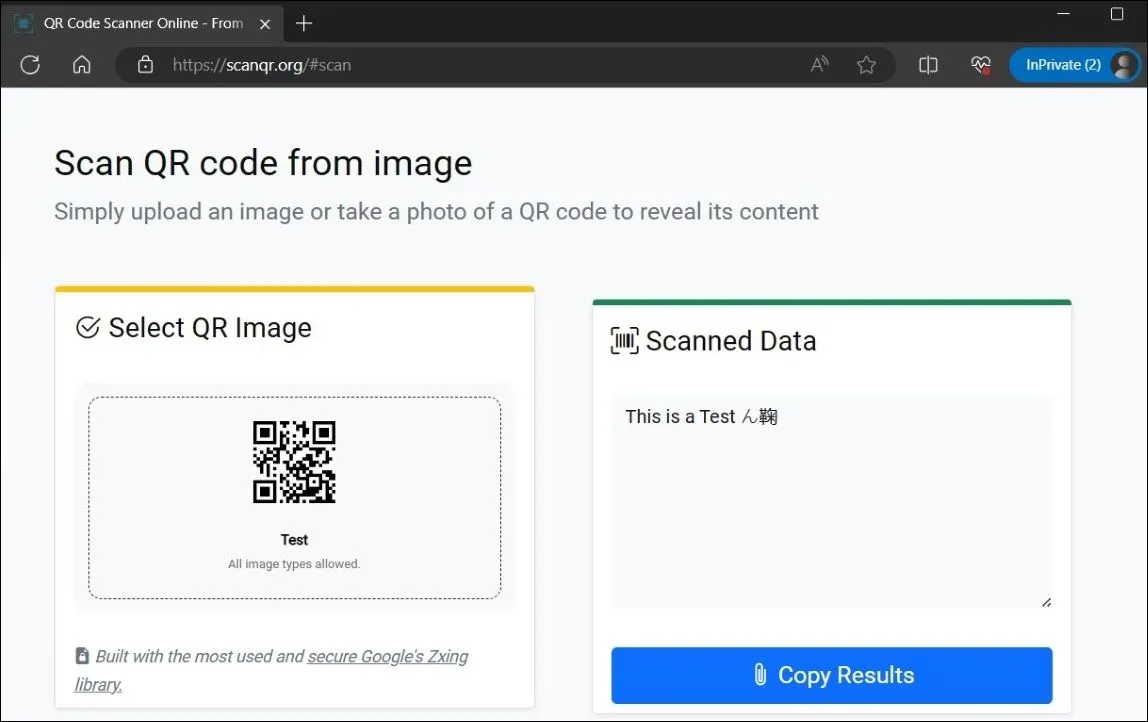 Kết quả quét mã QR từ hình ảnh bằng dịch vụ ScanQR.org trực tuyến