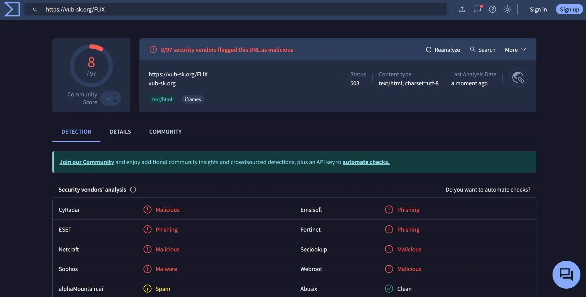 Kết quả quét VirusTotal xác nhận URL độc hại từ email lừa đảo Netflix là phishing