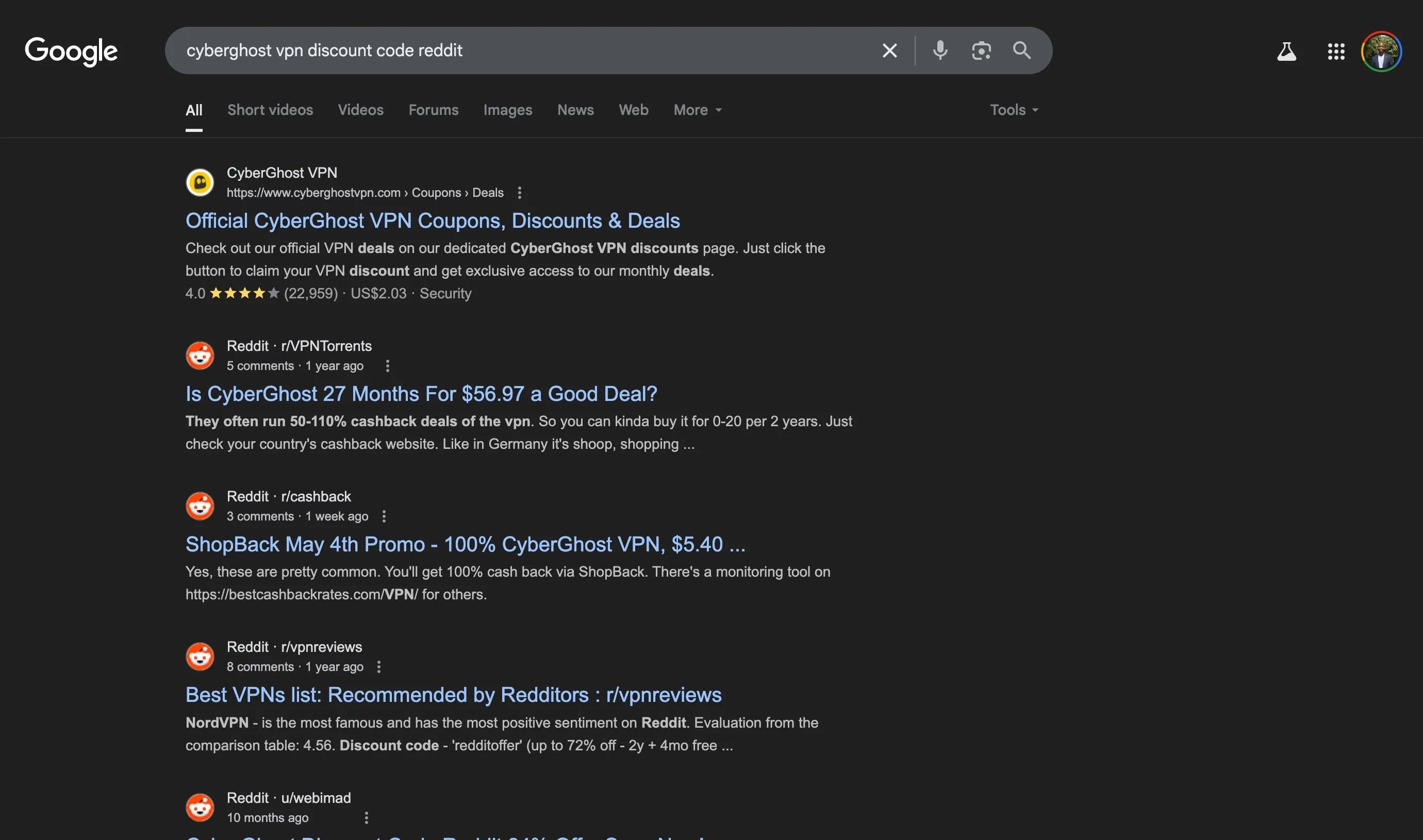 Kết quả tìm kiếm Google cho các mã giảm giá Cyberghost VPN