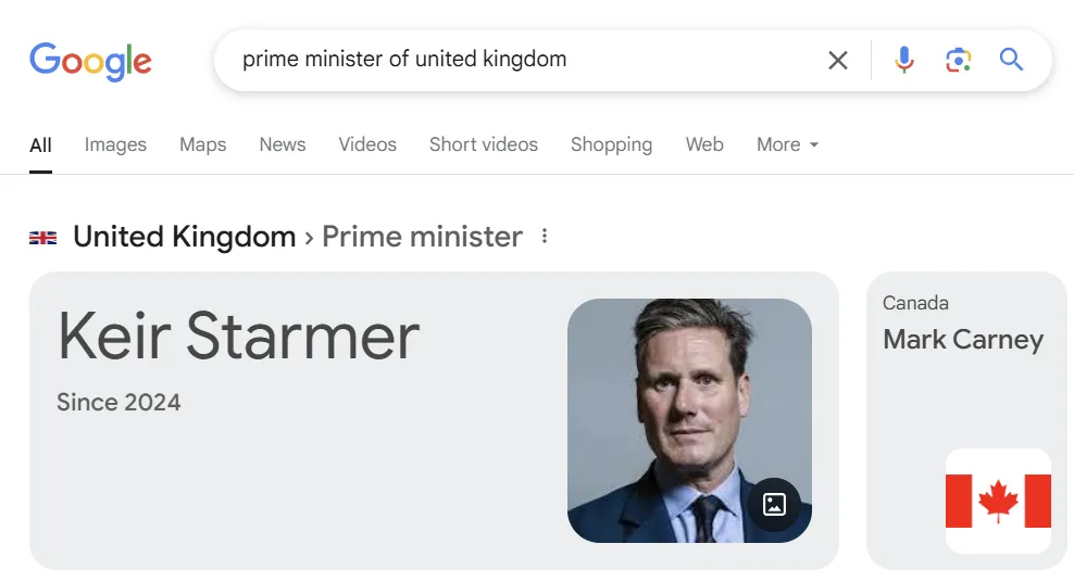 Kết quả tìm kiếm Thủ tướng Anh trên Google hiển thị ngay Keir Starmer.