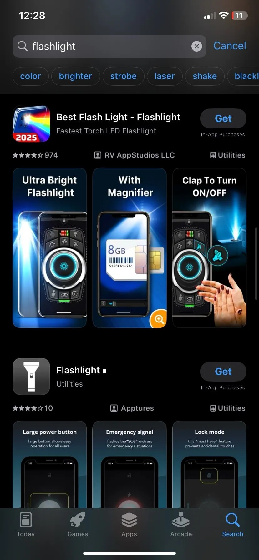 Kết quả tìm kiếm ứng dụng đèn pin trên App Store iPhone