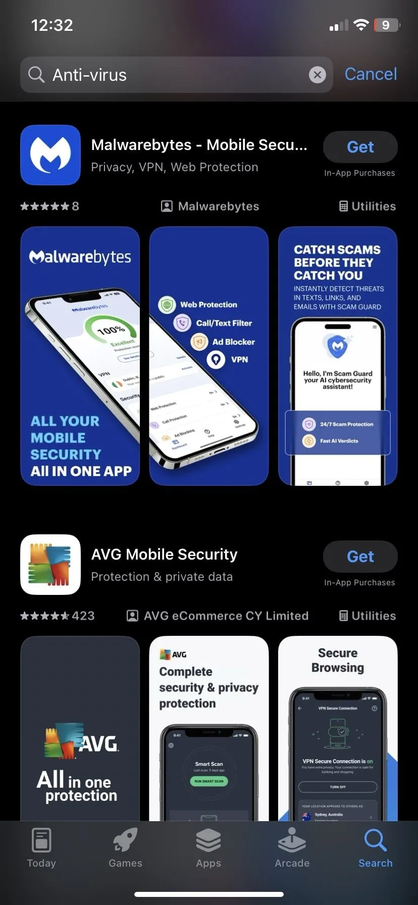 Kết quả tìm kiếm ứng dụng diệt virus của bên thứ ba trên App Store iPhone