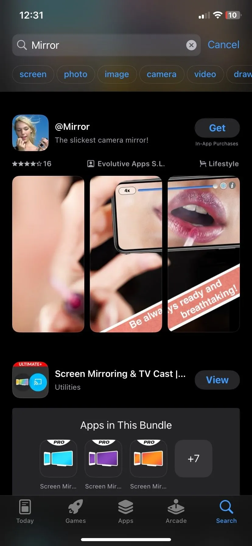 Kết quả tìm kiếm ứng dụng gương soi của bên thứ ba trên App Store iPhone