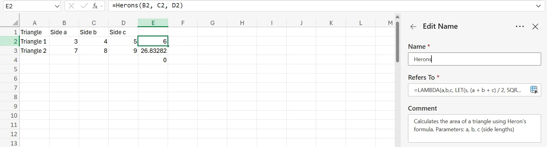 Kết quả tính diện tích tam giác bằng hàm LAMBDA kết hợp LET và công thức Heron trong Excel