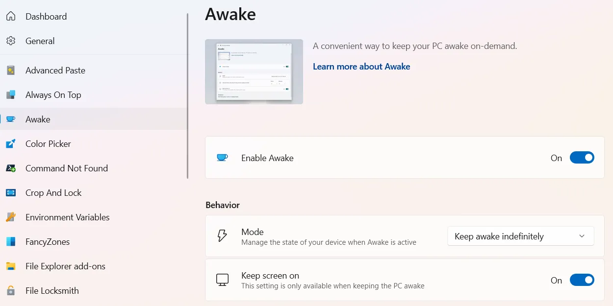Kích hoạt tiện ích Awake trong PowerToys để giữ Windows luôn bật