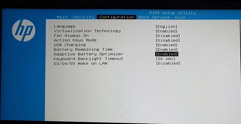 Kích hoạt tùy chọn Tối ưu hóa Pin Thích ứng (Adaptive Battery Optimizer) trong cài đặt BIOS laptop HP