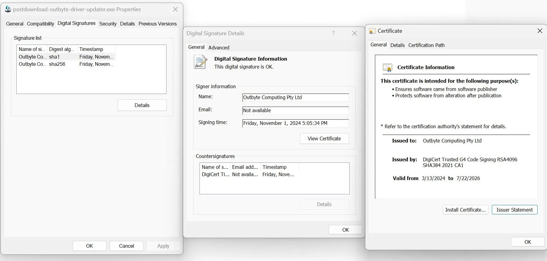 Kiểm tra chi tiết chứng chỉ và chữ ký số của file EXE trong hộp thoại Properties trên Windows