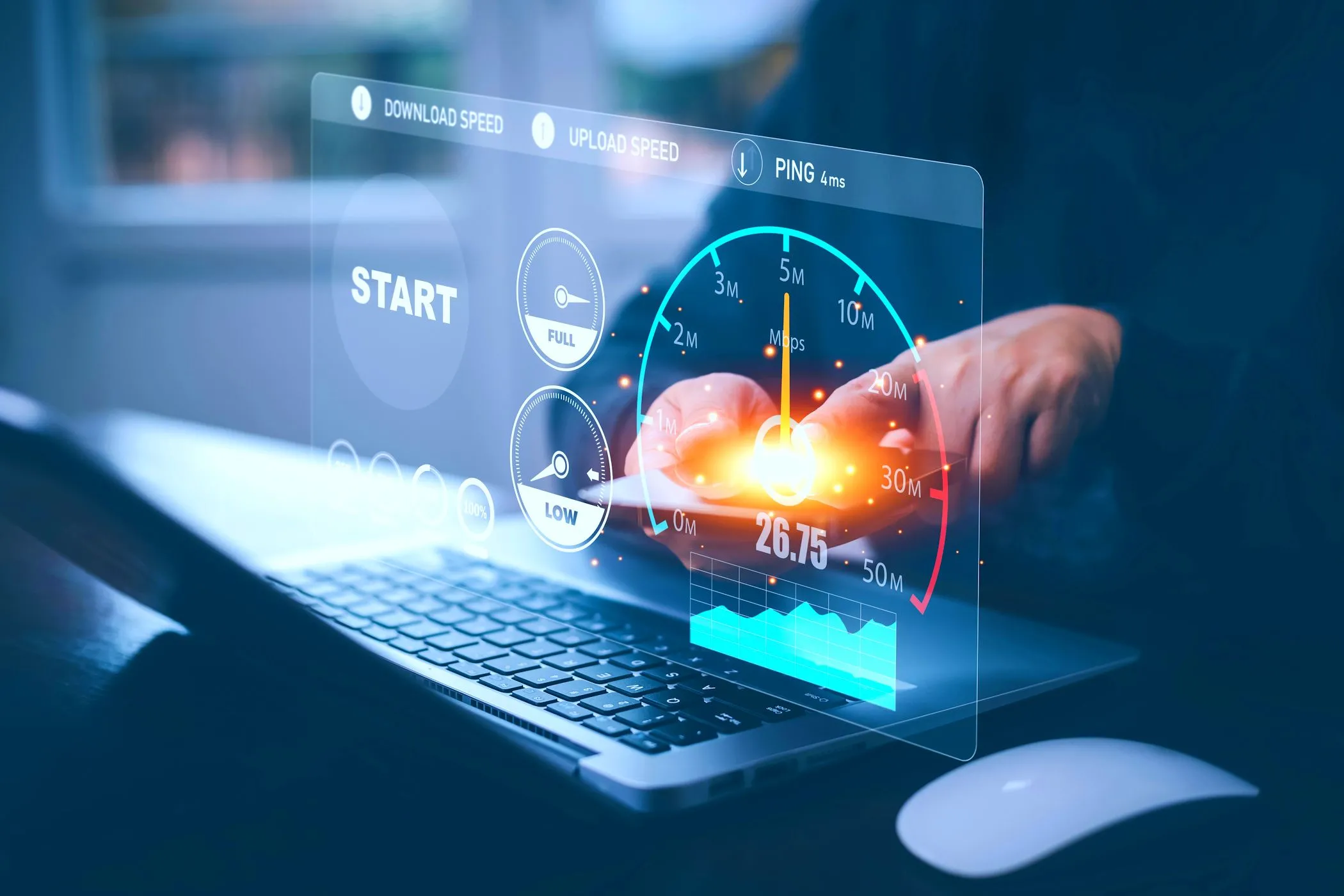 Kiểm tra tốc độ internet băng thông rộng trên máy tính xách tay, thể hiện sự biến động của kết nối 5G.