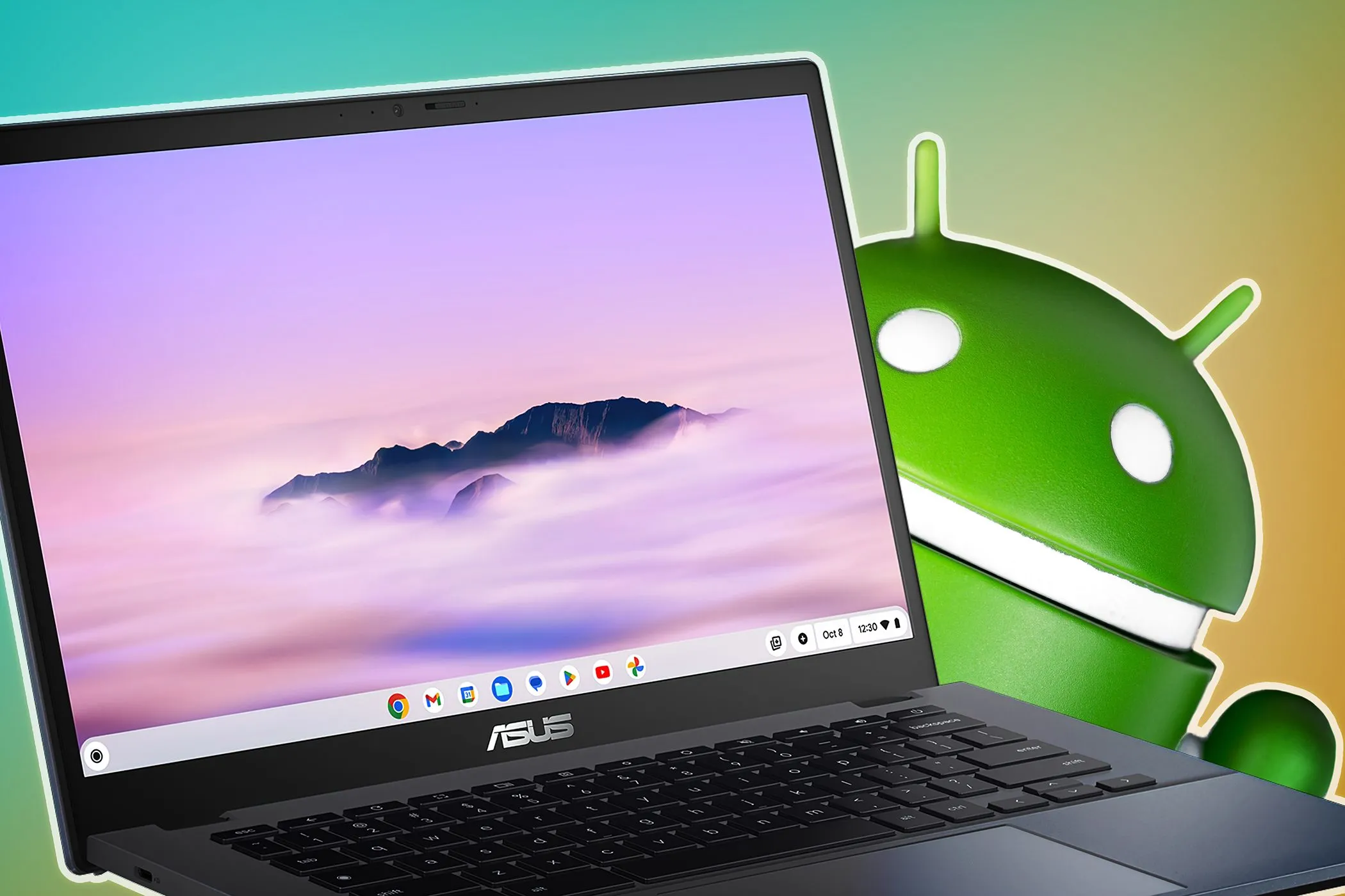Laptop ASUS Chromebook với logo Android, biểu thị khả năng chạy ứng dụng Android và hỗ trợ Linux, mở rộng tính năng cho người dùng