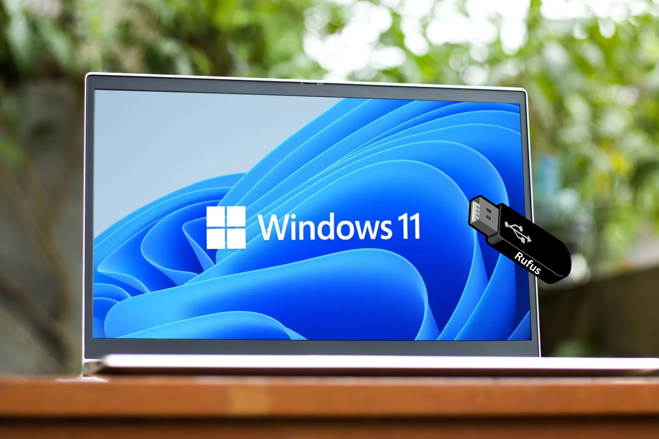 Laptop hiển thị logo Windows 11 cùng biểu tượng USB Rufus