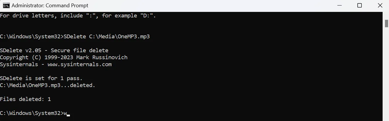 Lệnh SDelete với đường dẫn file cụ thể trong Command Prompt để xóa file vĩnh viễn