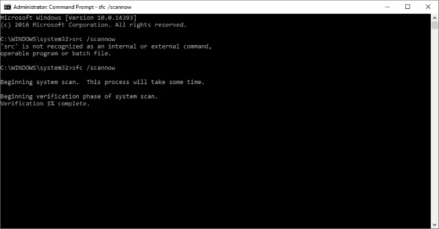 Lệnh sfc /scannow đang chạy trong cửa sổ Command Prompt để kiểm tra file hệ thống
