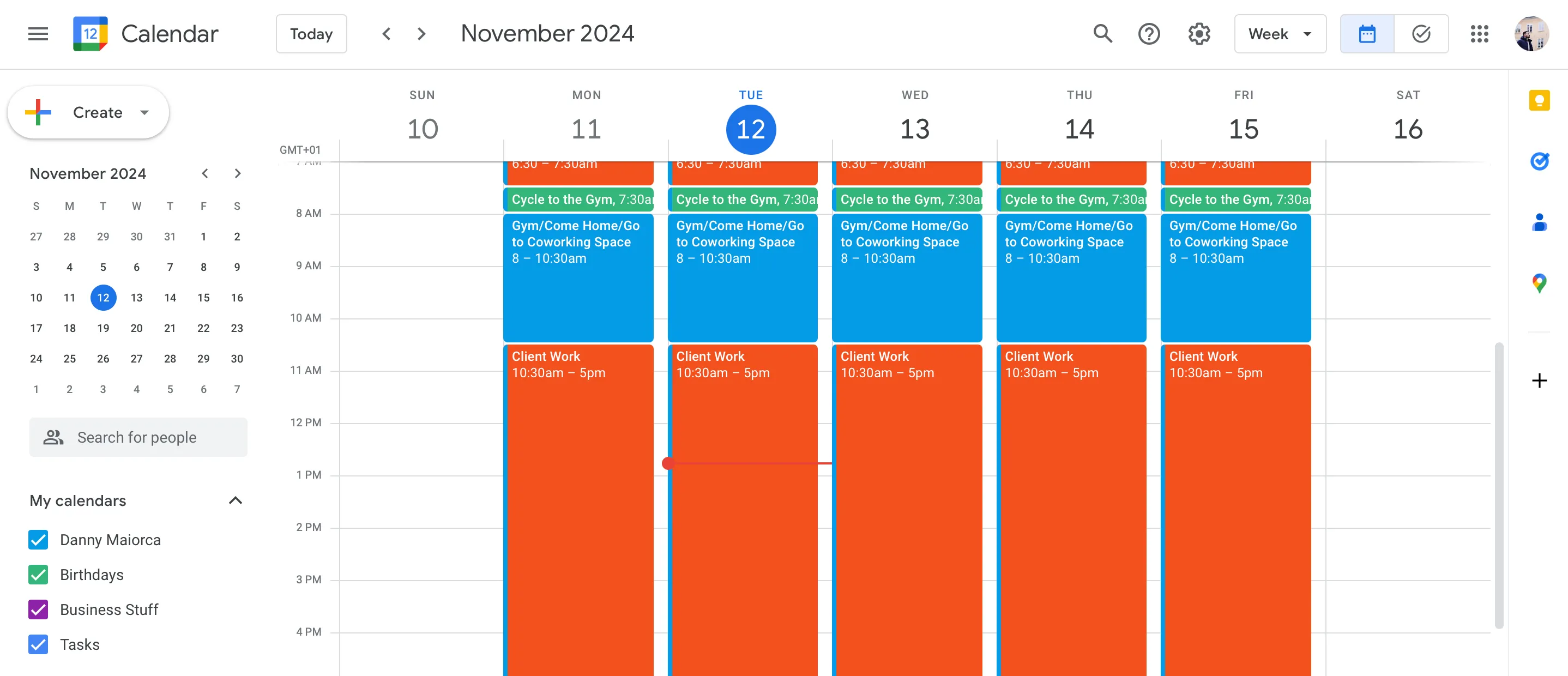 Lịch Google Calendar với các khối thời gian được sắp xếp chặt chẽ, minh họa phương pháp Time Blocking.