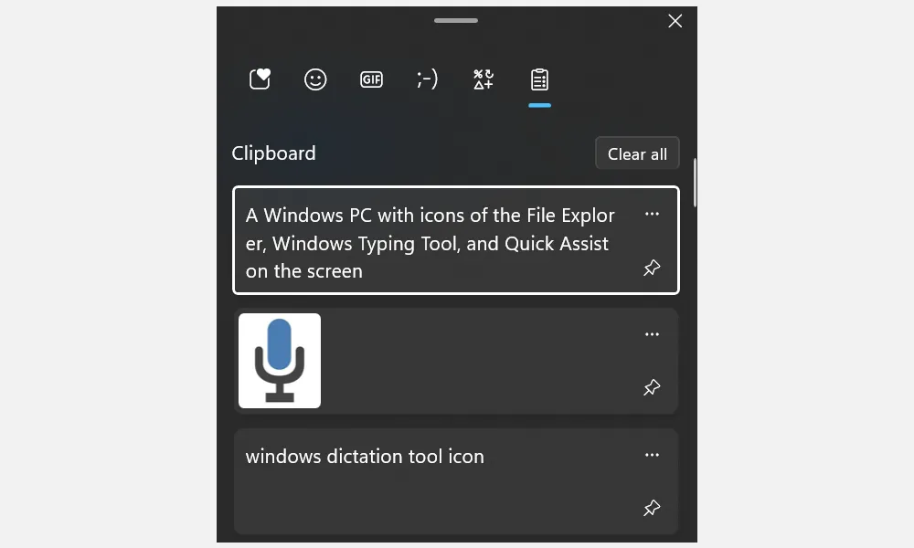 Lịch sử Clipboard Windows hiển thị các mục đã sao chép để dán lại.