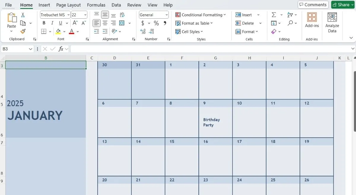 Lịch tháng Giêng được tùy chỉnh và hiển thị trong bảng tính Excel, minh họa khả năng tạo lịch cá nhân.
