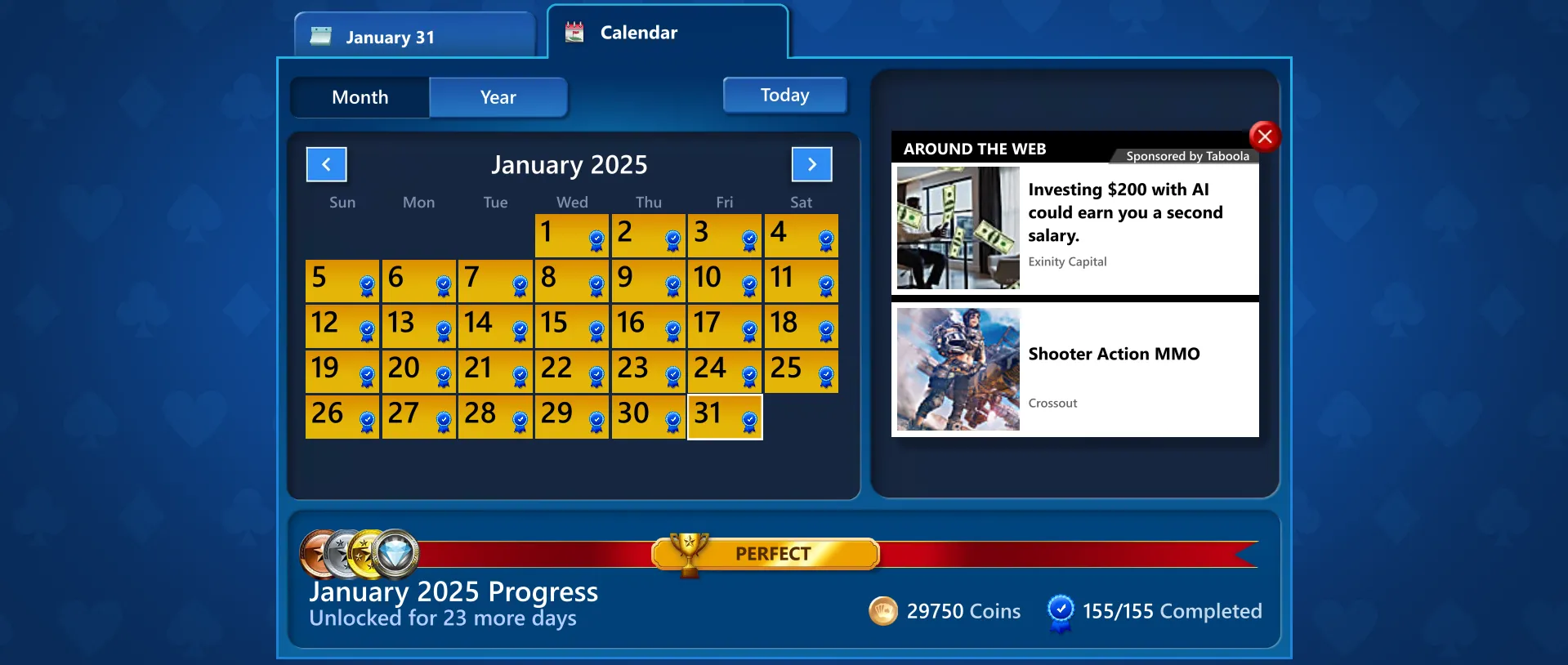 Lịch thử thách hàng ngày của Microsoft Solitaire hiển thị các ngày đã hoàn thành và một thông báo về tính khả dụng
