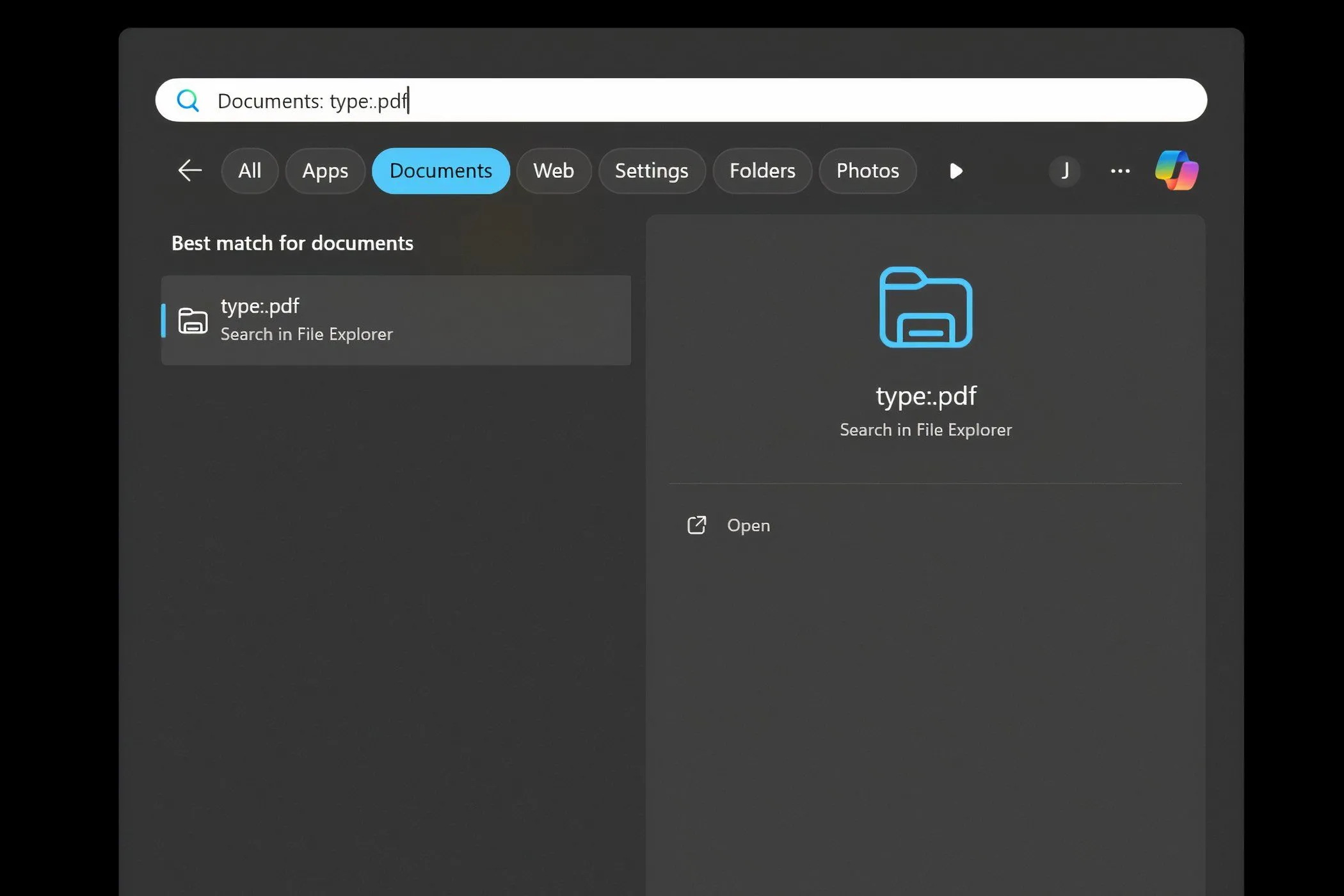 Lọc tệp theo định dạng cụ thể như PDF bằng bộ lọc Type trong Windows Search