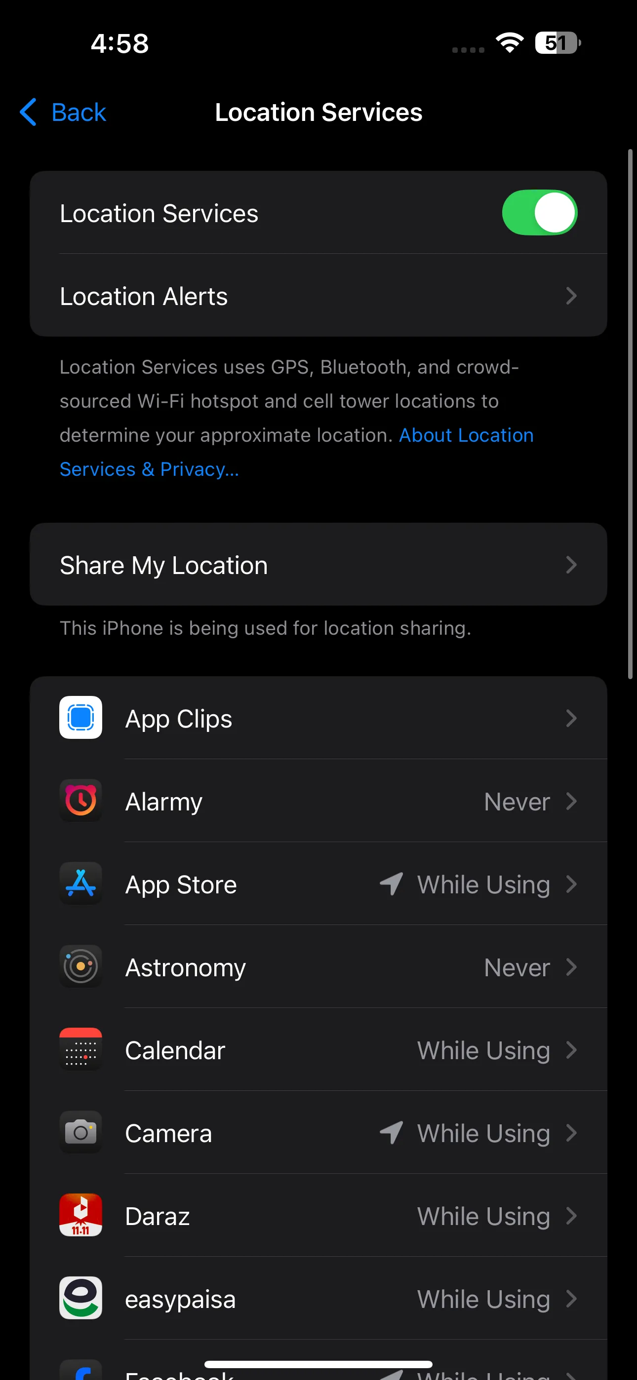 Location Services settings on the iPhone Photos app