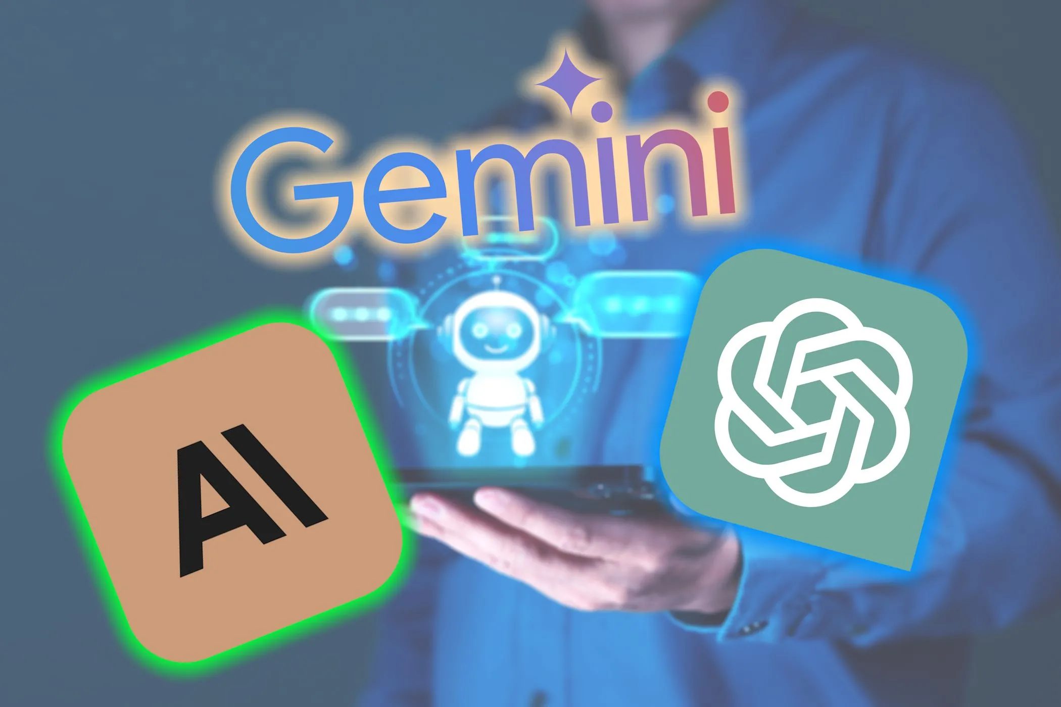 Logo của các nền tảng AI phổ biến như Gemini, ChatGPT và Claude minh họa sự tương tác với chatbot AI.
